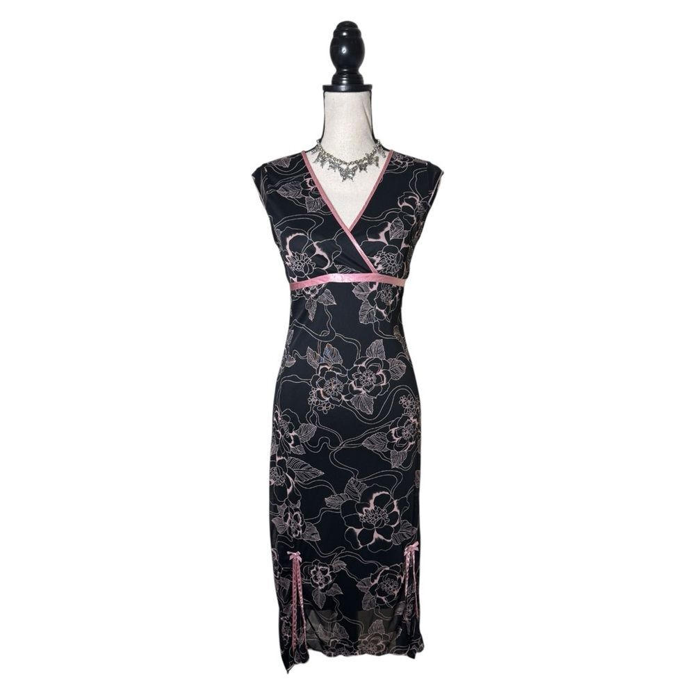 Y2K Ruby Rox Black + Pink Floral Midi Coquette Bow Dress Size Medium